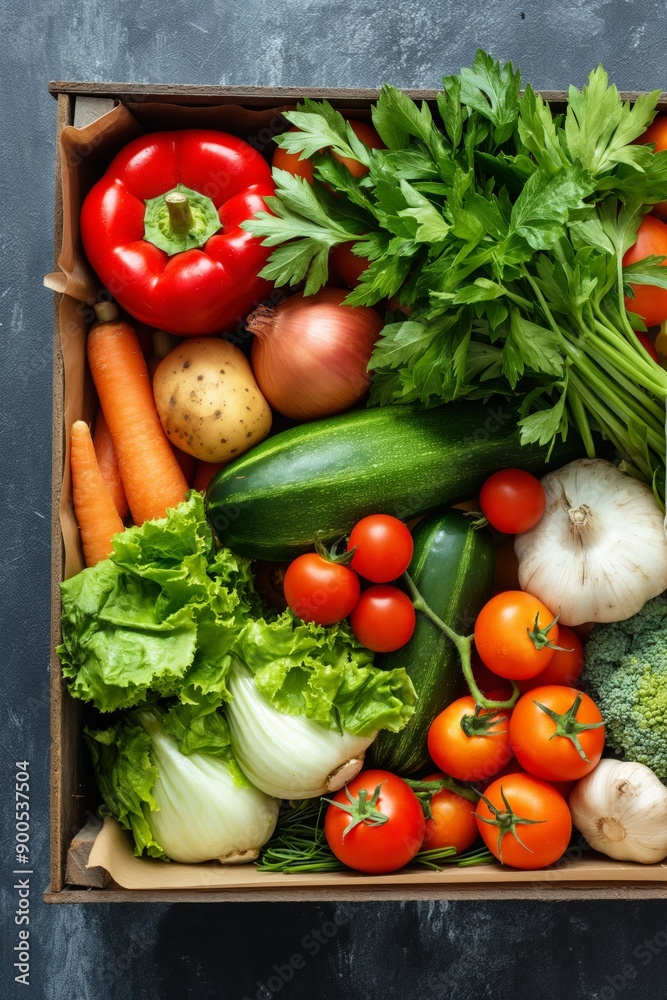 A box of vegetables including tomatoes, cucumbers, and carrots. The vegetables are fresh and colorful, and the box is made of cardboard A box of vegetables including tomatoes, cucumbers, and carrots. The vegetables are fresh and colorful, and the box is made of cardboard