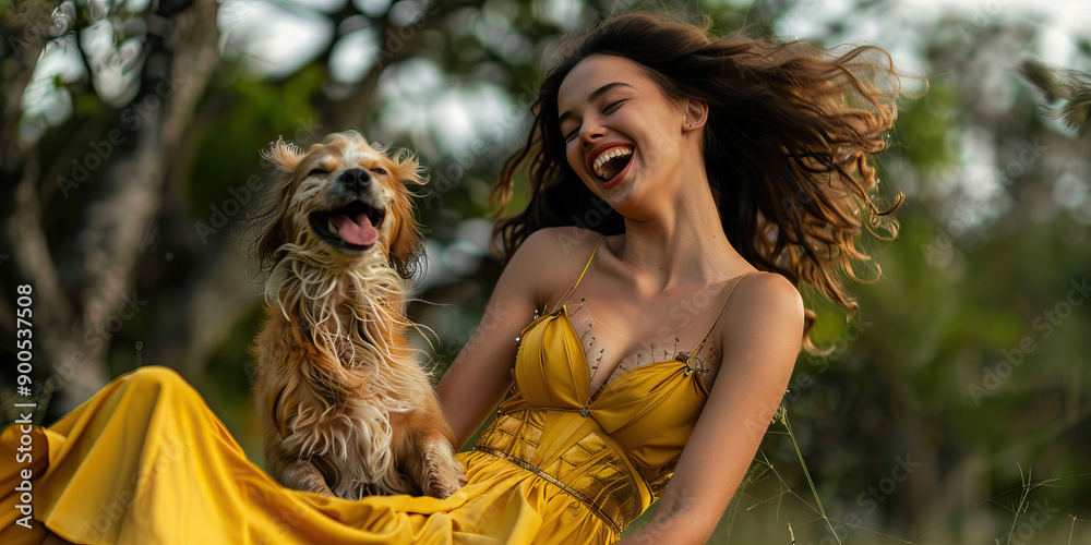 A woman in a yellow dress laughs heartily while playing with her dog at the park A woman in a yellow dress laughs heartily while playing with her dog at the park