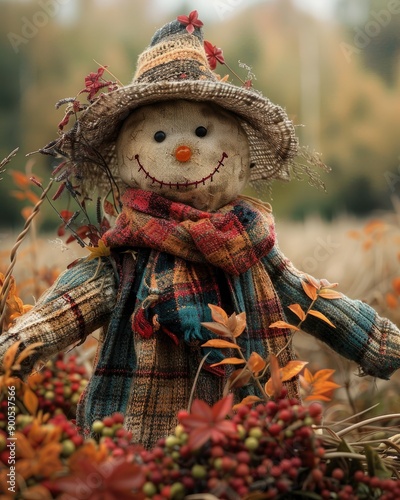 A cheerful scarecrow dressed warmly in autumn attire, surrounded by colorful fall foliage and crops, representing the harvest season. photo