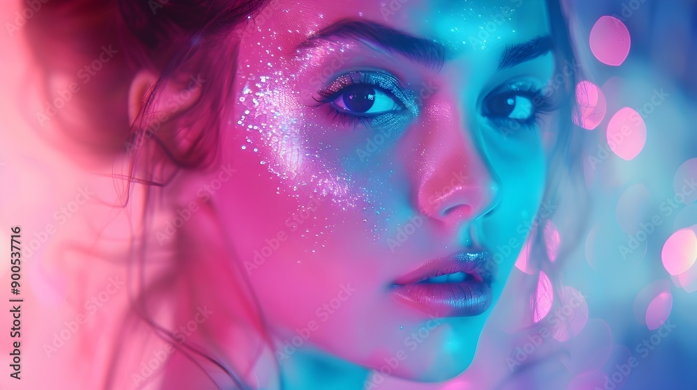 Enchanting Neon Glow on Captivating Female Portrait with Dramatic Makeup and Lighting Enchanting Neon Glow on Captivating Female Portrait with Dramatic Makeup and Lighting