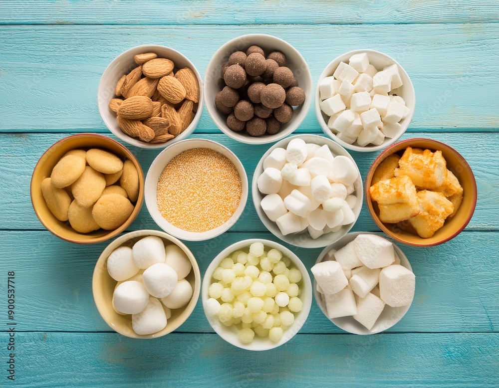 Overhead view of colorful array of different childs sweets and treats in bowls on light blue wood background Overhead view of colorful array of different childs sweets and treats in bowls on light blue wood background