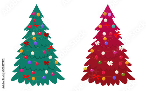 Christmas trees set with Xmas decorations, garlands , balls, bows. Holida yelements collection