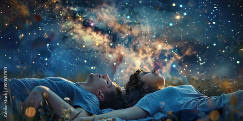 A young couple lies on a blanket under the stars, gazing up at the twinkling sky.