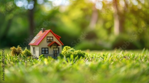 Small Model Home on field Property Ownership Through a Miniature House on Lush Green Grass