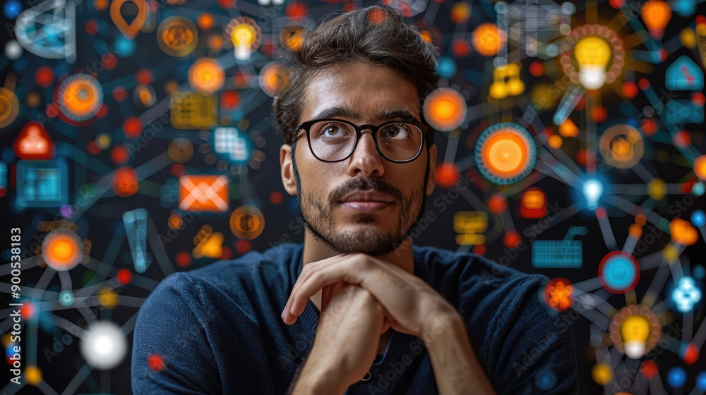 A man with glasses is looking at a colorful image with many shapes and symbols. The image seems to be a representation of a complex network or system, possibly related to technology or science