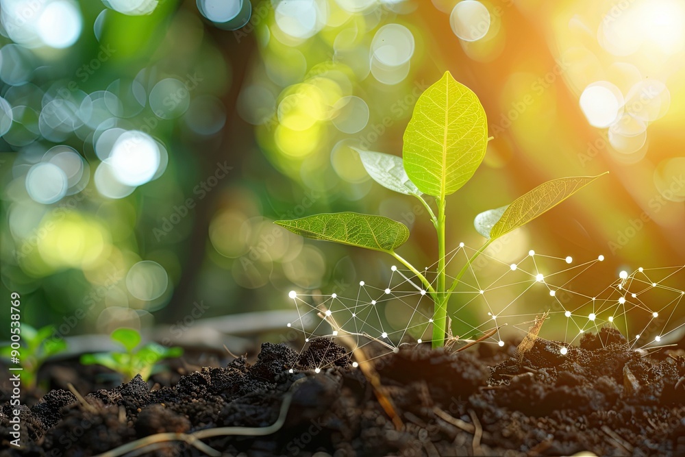 Young plant growing in soil with sunlight and network connections, symbolizing nature, growth, technology, and sustainability.