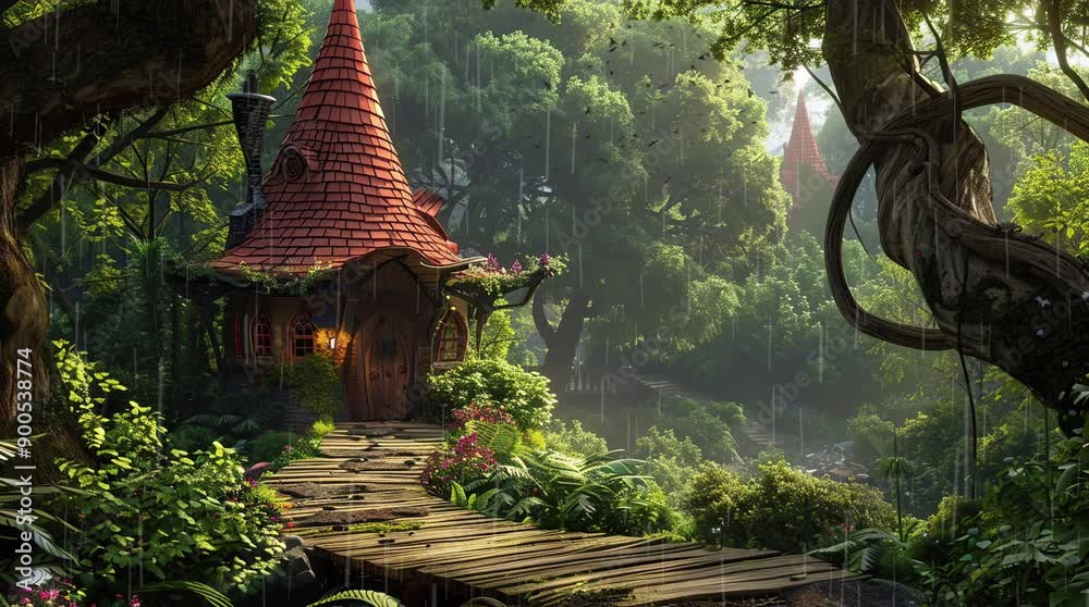 Charming fantasy house nestled in a magical forest under a bright ...