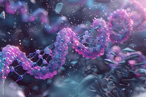 Abstract representation of a DNA strand with glowing elements in a futuristic setting, symbolizing genetic science and biotechnology advancement. photo