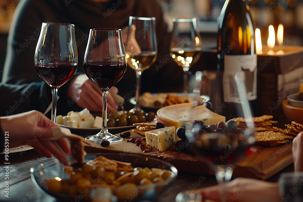An illustration of a wine tasting event, featuring people sampling different wines in a cozy setting. The scene includes wine glasses, bottles, cheese platters, and a sommelier guiding the tasting, cr An illustration of a wine tasting event, featuring people sampling different wines in a cozy setting. The scene includes wine glasses, bottles, cheese platters, and a sommelier guiding the tasting, cr