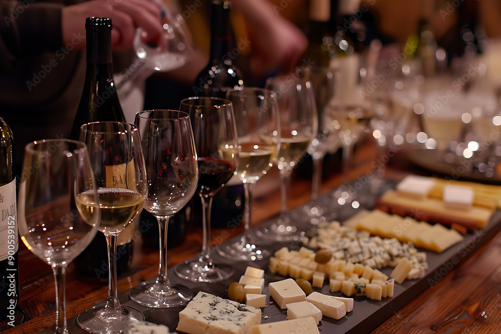 An illustration of a wine tasting event, featuring people sampling different wines in a cozy setting. The scene includes wine glasses, bottles, cheese platters, and a sommelier guiding the tasting, cr An illustration of a wine tasting event, featuring people sampling different wines in a cozy setting. The scene includes wine glasses, bottles, cheese platters, and a sommelier guiding the tasting, cr