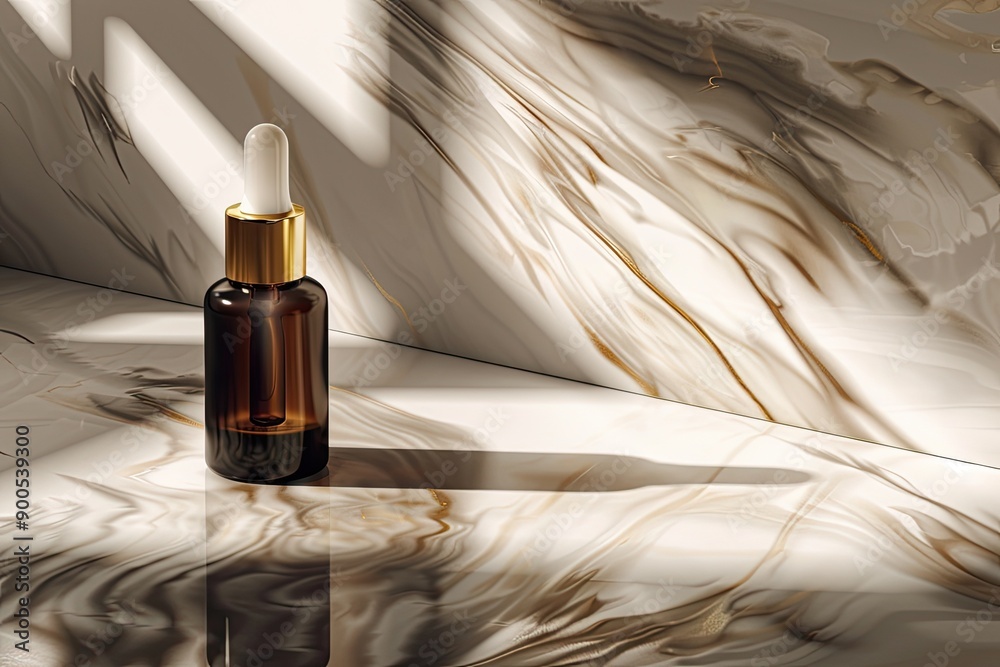 Naklejka premium Elegant dropper bottle with golden cap on a marble surface in warm light, perfect for skincare and beauty product presentations.