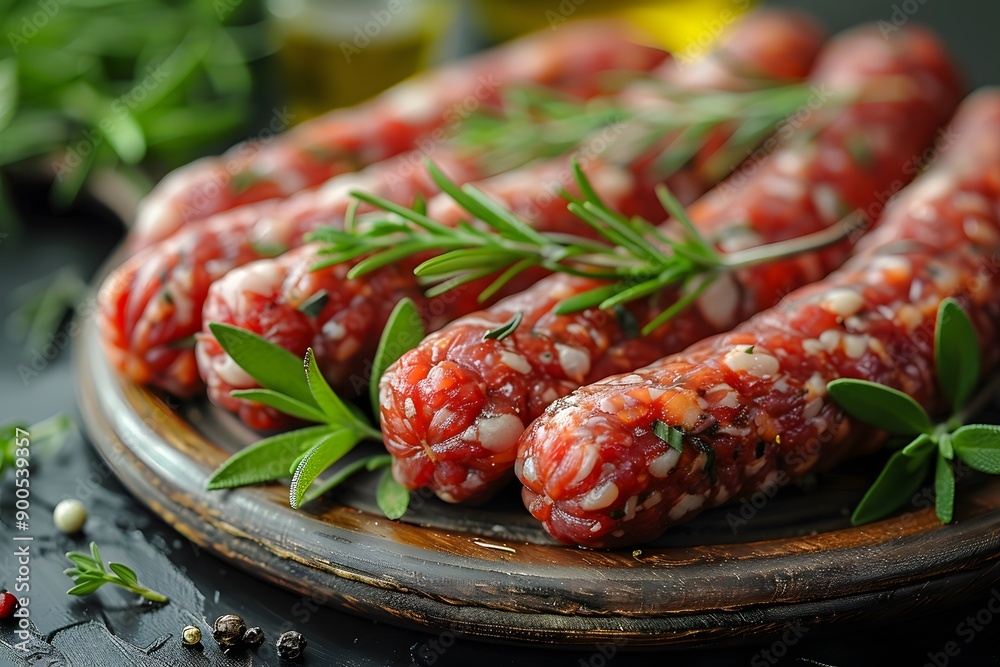 Fresh Herb-Infused Raw Sausages on Rustic Wooden Plate - Ideal for Cooking Blogs, Recipe Cards, and Food Print Designs Fresh Herb-Infused Raw Sausages on Rustic Wooden Plate - Ideal for Cooking Blogs, Recipe Cards, and Food Print Designs