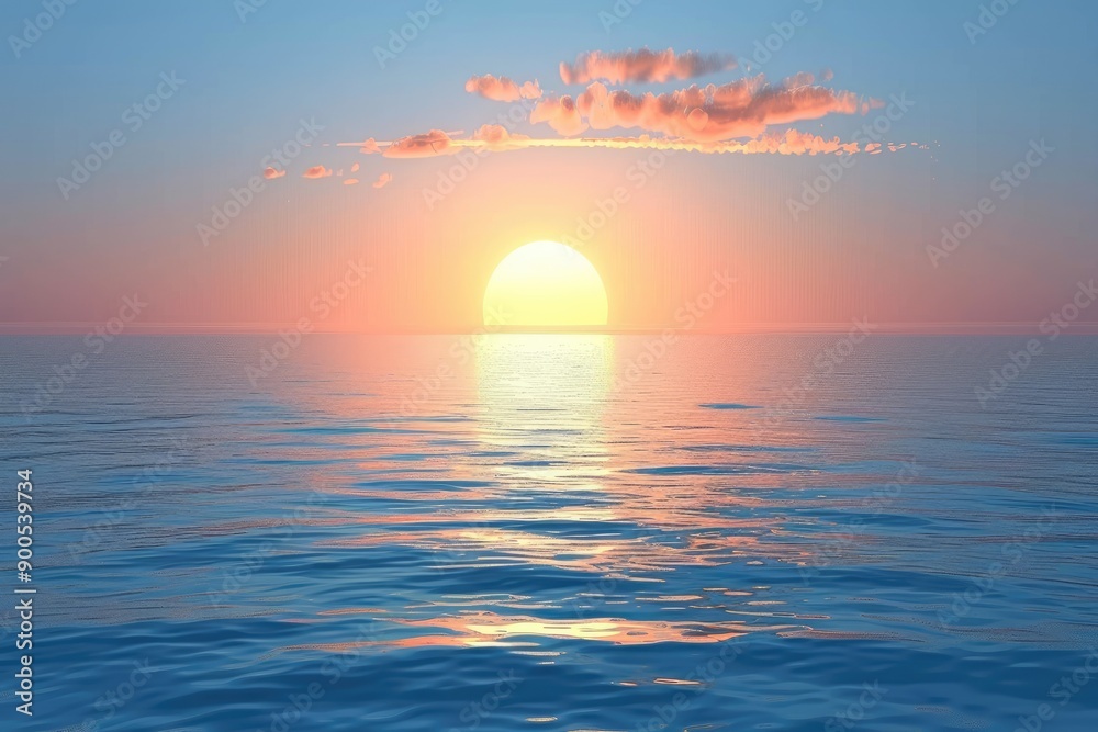 Serene ocean sunset with vibrant colors reflecting on the calm water, creating a peaceful and tranquil ambiance.