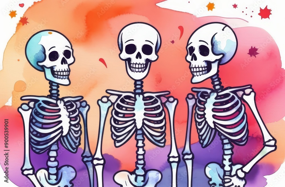 Three skeletons smiling on watercolor background with autumn leaves. Three skeletons smiling on watercolor background with autumn leaves.