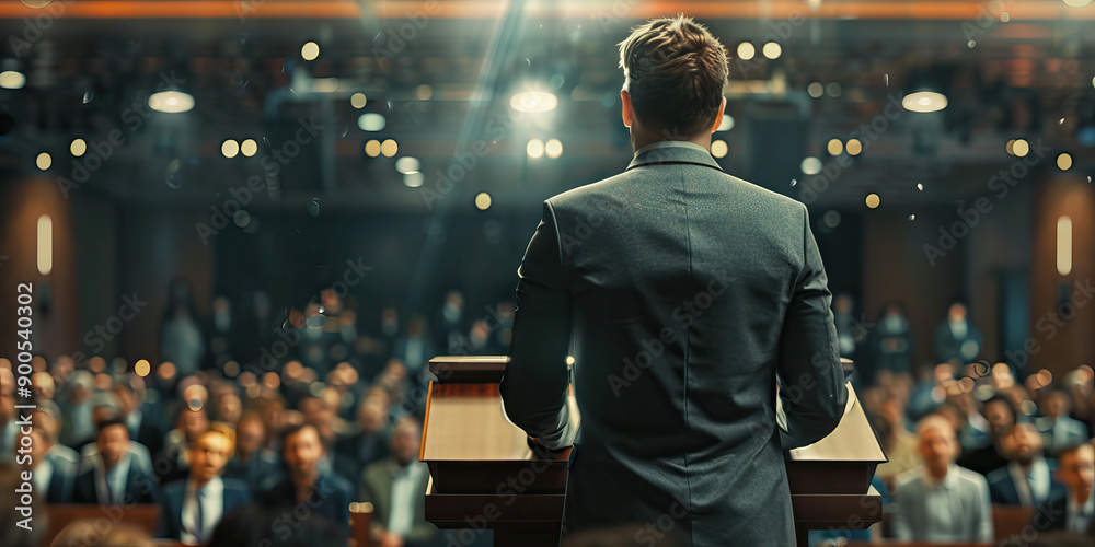 A businessman confidently stands at the front of the room, giving a powerful presentation on his company's success.