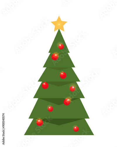 Vector illustration of decorated Christmas tree with balls and star. 