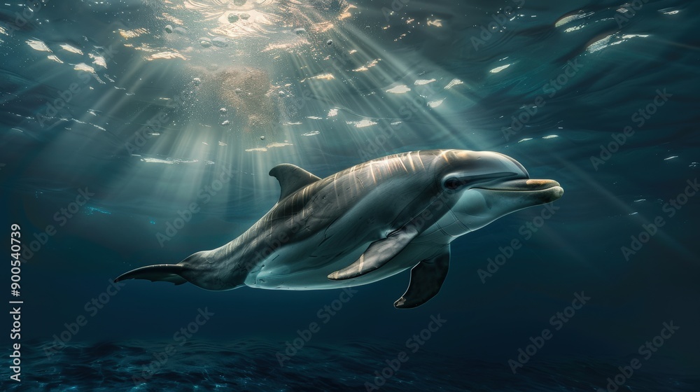 Obraz premium Dolphin Swims Through the Deep Blue Ocean Water With Rays of Sunlight Shining Down