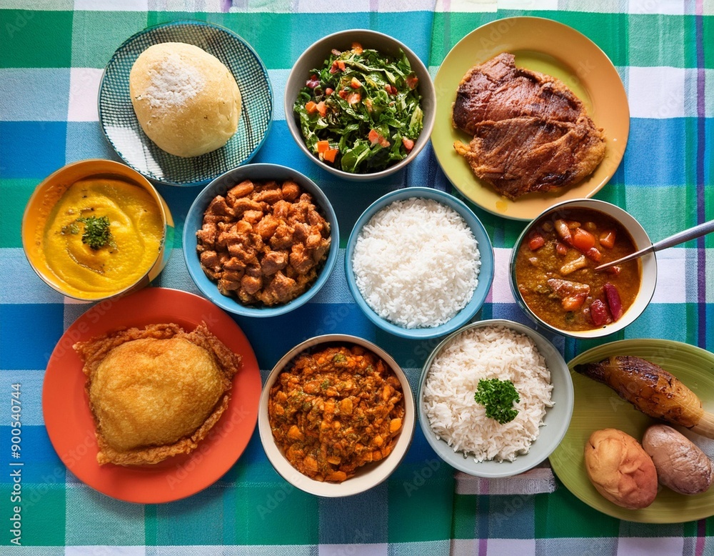 Top down view of various home made Brazilian recipes cooked and displayed on colorful textures and tablecloths Top down view of various home made Brazilian recipes cooked and displayed on colorful textures and tablecloths
