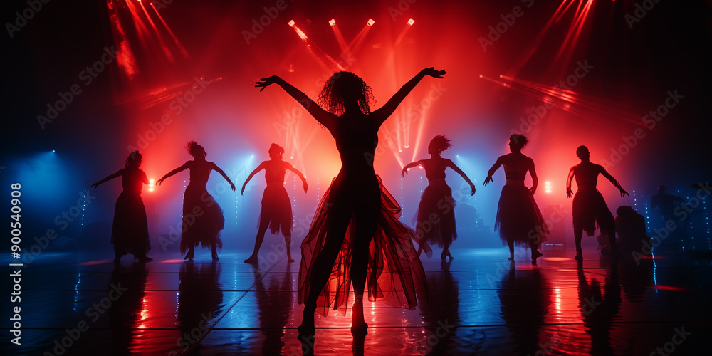 silhouetted figures that appear to be dancers on a stage with a vibrant display of colorful vertical lights in the background silhouetted figures that appear to be dancers on a stage with a vibrant display of colorful vertical lights in the background