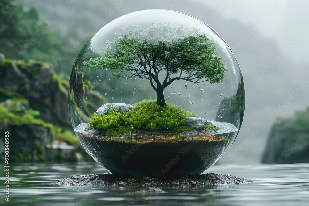 A Glass Sphere Encapsulating a Tree Rocks and Moss in a Rainy Setting A Glass Sphere Encapsulating a Tree Rocks and Moss in a Rainy Setting