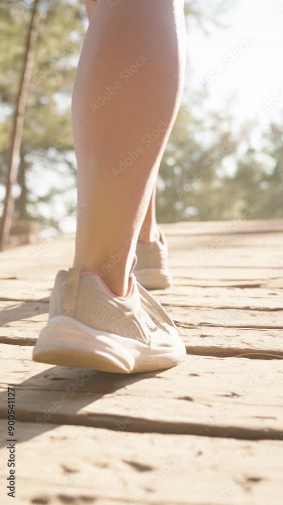 Vertical video. In a Slow-Motion Climb, the Woman Moves Up the Steps, the Forest Path Illuminated by the Warm, Golden Sunlight. Vertical video. In a Slow-Motion Climb, the Woman Moves Up the Steps, the Forest Path Illuminated by the Warm, Golden Sunlight.