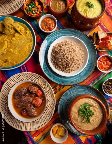 Top down view of various home made Brazilian recipes cooked and displayed on colorful textures and tablecloths photo