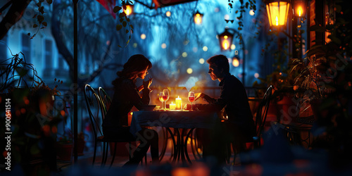 A couple sitting at a romantic table for two, candles flickering as they share a intimate conversation.