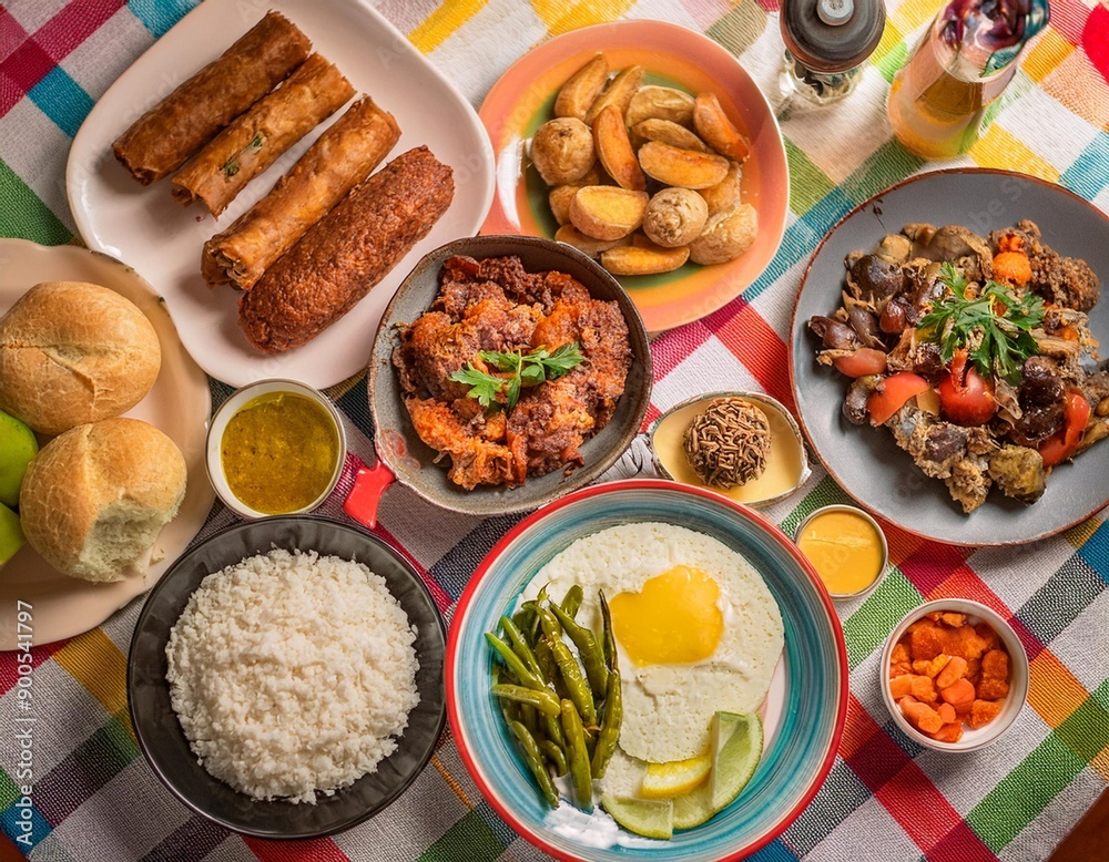 Top down view of various home made Brazilian recipes cooked and displayed on colorful textures and tablecloths Top down view of various home made Brazilian recipes cooked and displayed on colorful textures and tablecloths
