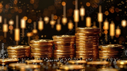 Golden Coins Stacked with Bokeh Lights in the Background