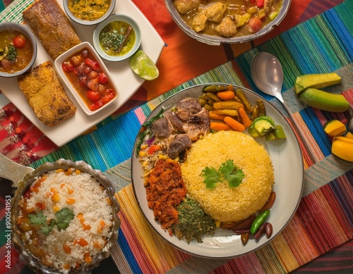 Top down view of various home made Brazilian recipes cooked and displayed on colorful textures and tablecloths photo