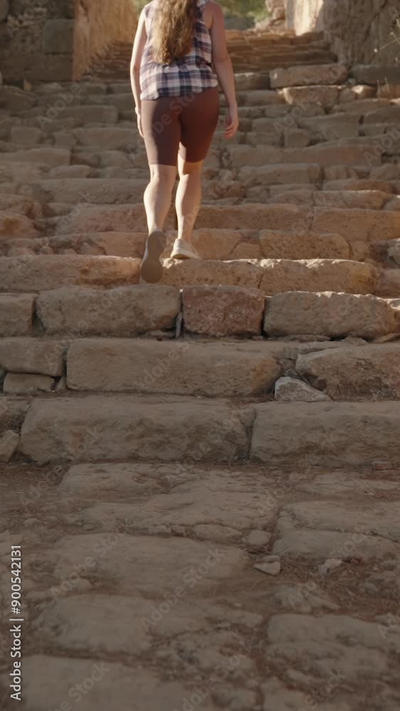 Vertical video. A Woman Climbs an Ancient Stone Staircase, Each Step Echoing Through the Historic Ruins in the Soft Afternoon Light. Vertical video. A Woman Climbs an Ancient Stone Staircase, Each Step Echoing Through the Historic Ruins in the Soft Afternoon Light.