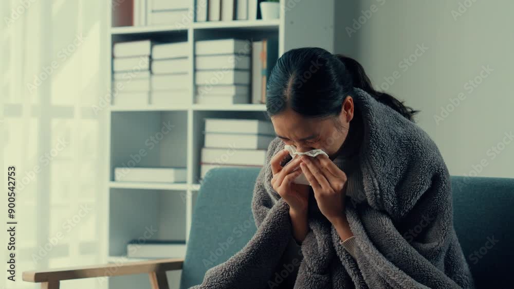 Young woman in an office setting experiencing cold symptoms. She sneezes, uses tissues, and shivers while wrapped in a blanket. Office background with shelves and files