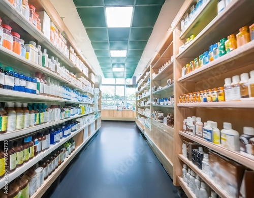 Pharmacy shelves stocked with medicine bottles, illustrating healthcare, pharmaceuticals, and medical supplies.