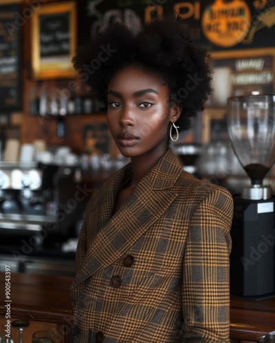 Fashion Shoot of African American Adult with Birthmark at Coffee Shop


