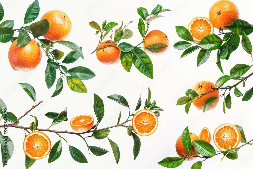Fresh oranges growing on a branch with lush green leaves, great for food or decoration Fresh oranges growing on a branch with lush green leaves, great for food or decoration