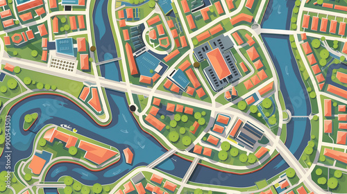 Flat style city map with river and buildings