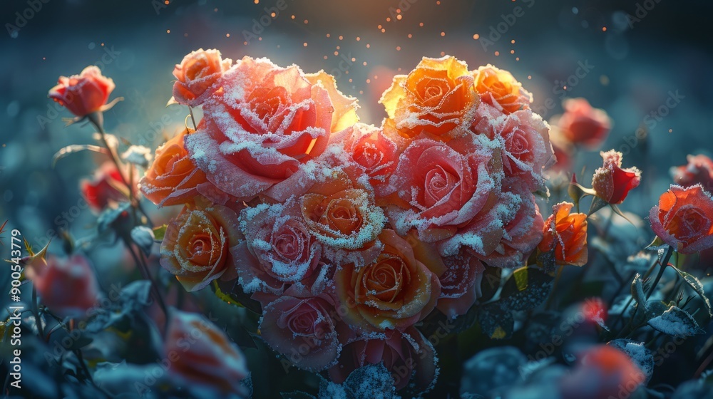 Heart-shaped borders of multicoloured roses and winter snow: the beauty of nature in high definition Heart-shaped borders of multicoloured roses and winter snow: the beauty of nature in high definition
