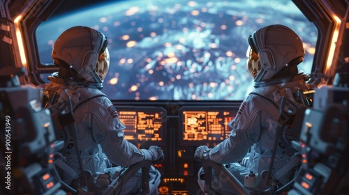 Fototapeta Naklejka Na Ścianę i Meble -  Two astronauts inside a spacecraft using 3D holographic technology to talk to mission control on Earth. The spacecraft is equipped with state-of-the-art technology, and the large window offers a