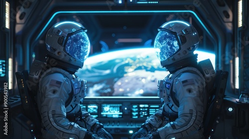 Two astronauts inside a spacecraft using 3D holographic technology to talk to mission control on Earth. The spacecraft is equipped with state-of-the-art technology, and the large window offers a © Thanyaporn