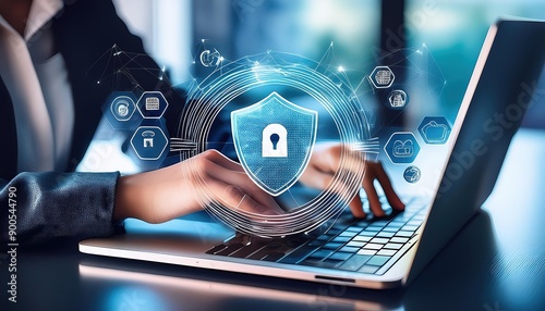 Wallpaper Mural Zero Trust Security Concept. A person types on a laptop with virtual icons zero trust security, cloud protection, business information network security, shields, connectivity, cybersecurity measures, Torontodigital.ca