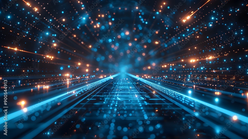 High-tech digital grid, blue light beams, horizon perspective, futuristic landscape, glowing lines converging to a central point, abstract technology background.