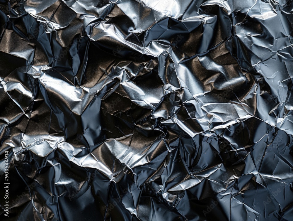 Close up of shiny crumpled silver foil with detailed texture Close up of shiny crumpled silver foil with detailed texture