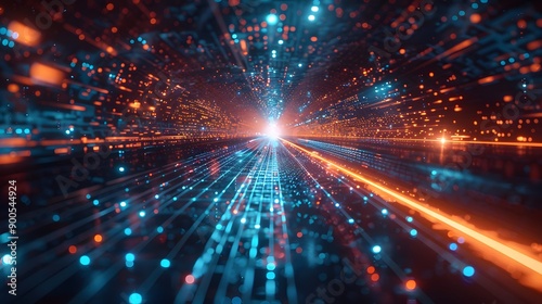High-tech digital grid, blue light beams, horizon perspective, futuristic landscape, glowing lines converging to a central point, abstract technology background.