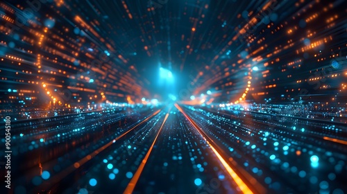 High-tech digital grid, blue light beams, horizon perspective, futuristic landscape, glowing lines converging to a central point, abstract technology background.