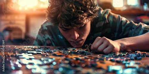 A young man carefully sifting through scattered puzzle pieces after an accidental drop photo