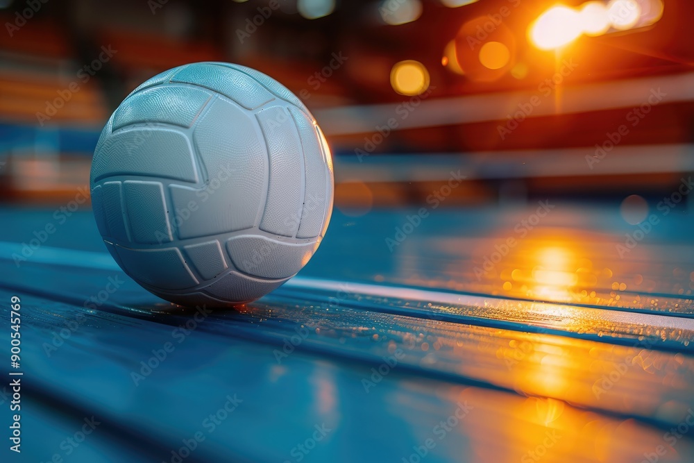 Close up of a White Volleyball on a Blue Court with Golden Lights Close up of a White Volleyball on a Blue Court with Golden Lights