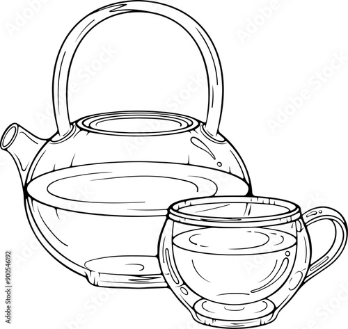 Glass teapot and glass cup of tea. Design element for cozy autumn, winter. Vector illustrations in hand drawn sketch style isolated on white. Black outline graphic for print, coloring book