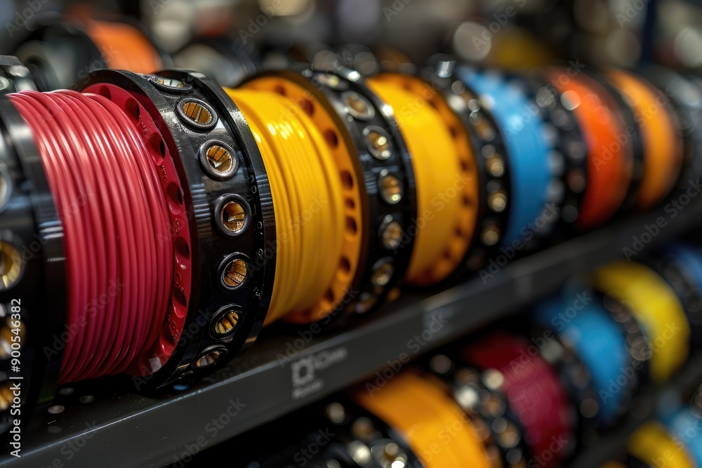 Fototapeta premium Close up of Colorful Coiled Cables on a Black Shelf