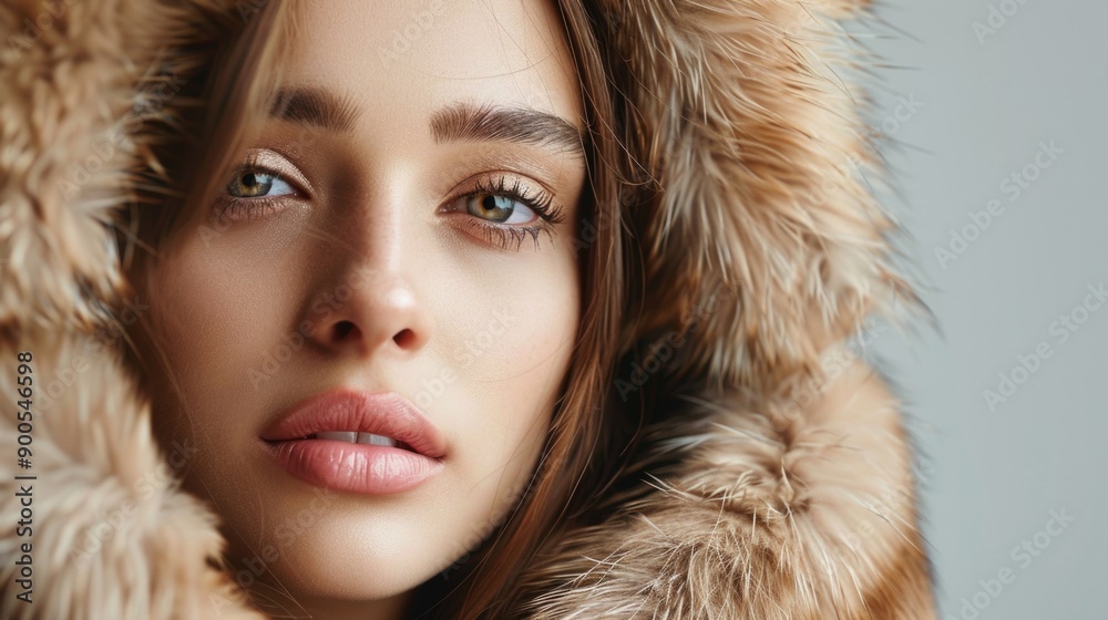 A woman wearing a warm and stylish fur coat with a hood, perfect for winter scenes or fashion photography A woman wearing a warm and stylish fur coat with a hood, perfect for winter scenes or fashion photography