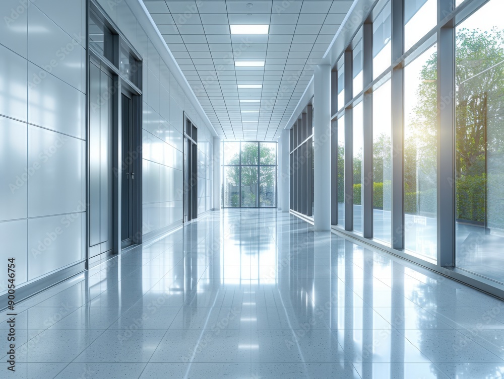 Modern hallway with large windows and sunlight Modern hallway with large windows and sunlight